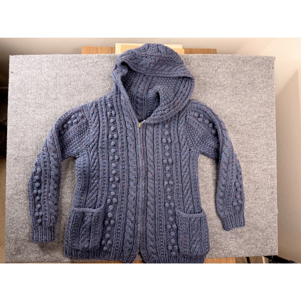 Vintage Hand Knit Chunky Wool Cable Popcorn Hooded Zip Cardigan Sweater Blue M